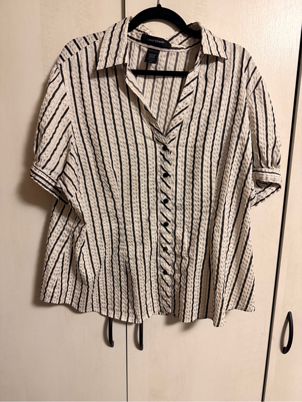 Ashley Stewart- Striped Button-Front Blouse - White/Black/silver